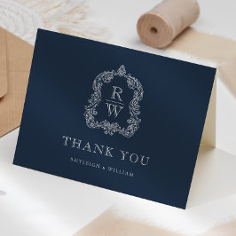 Cartão De Agradecimento Elegante Crista de Monograma Casamento Azul Marinh