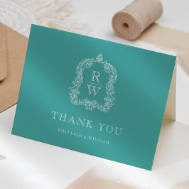 Cartão De Agradecimento Elegante Crista de Monograma Casamento Turquesa