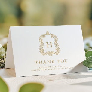 Cartão De Agradecimento Elegante Crista de Monograma em Ouro Branco para F