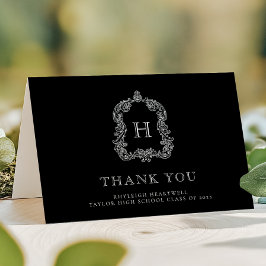 Cartão De Agradecimento Elegante Crista de Monograma Preto Branco Graduaçã