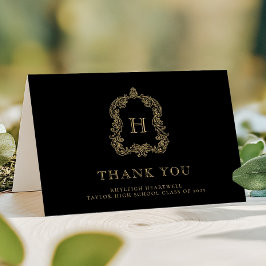 Cartão De Agradecimento Elegante Crista de Monograma Preto Dourado Graduaç