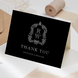 Cartão De Agradecimento Elegante Crista de Monograma Preto e Branco Casame