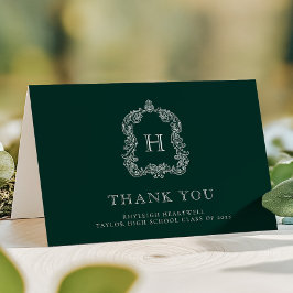 Cartão De Agradecimento Elegante Crista de Monograma Verde Branco Graduaçã