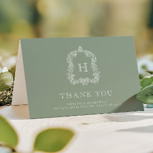 Cartão De Agradecimento Elegante Crista de Monograma Verde Sage Branco Gra