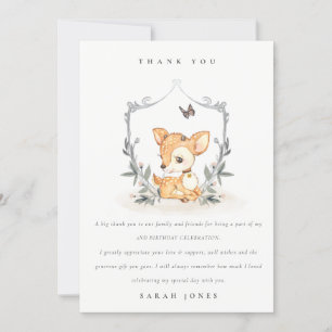Cartão De Agradecimento Elegante Crista Floral de Cervo Bebê para Aniversá