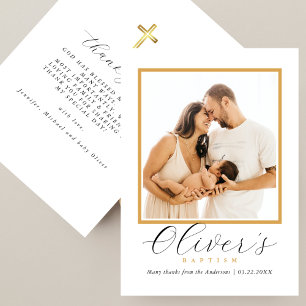 Cartão De Agradecimento Elegante Cruz de Ouro para Foto de Batismo de Bebê