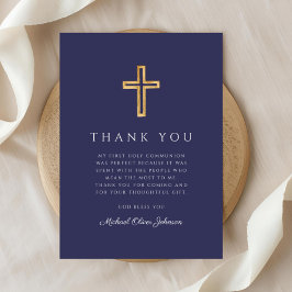 Cartão De Agradecimento Elegante Cruz Religiosa Azul Marinho Primeira Comu