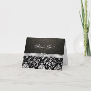 Cartão De Agradecimento Elegante Damasco Prata e Preto com Coração de Diam