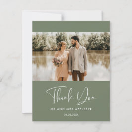 Cartão De Agradecimento Elegante Dark Sage Foto do casamento verde Obrigad