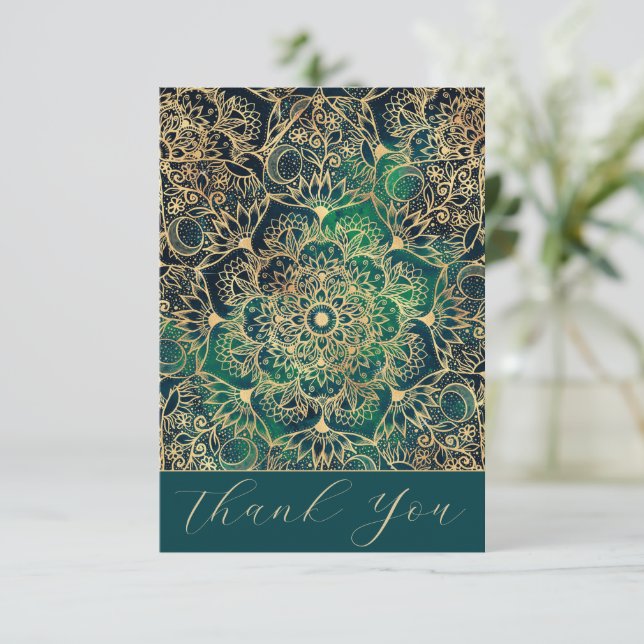 Cartão De Agradecimento Elegante Dourado Mandala Floral Verde Azul (Em pé/Frente)