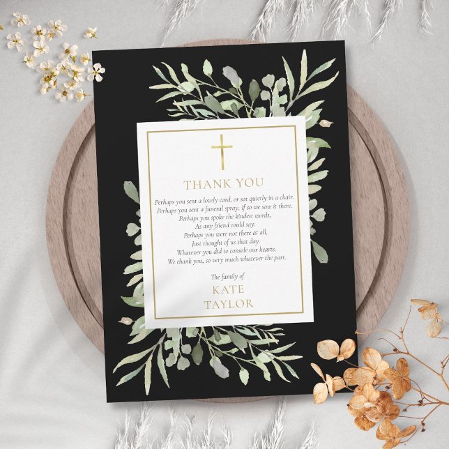 Cartão De Agradecimento Elegante Dourado Verde Negro Poema Funeral (Elegant Gold Black Greenery Funeral Poem Thank You Card)