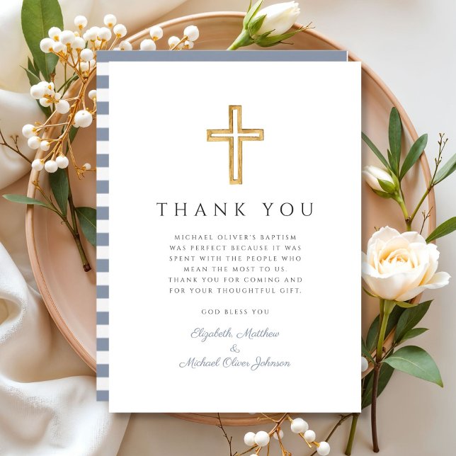 Cartão De Agradecimento Elegante Dusty Blue Cross Boy Baptism (Elegant Dusty Blue Cross Boy Baptism Thank You Card)