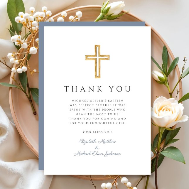 Cartão De Agradecimento Elegante Dusty Blue Cross Boy Baptism (Elegant Dusty Blue Cross Boy Baptism Thank You Card)