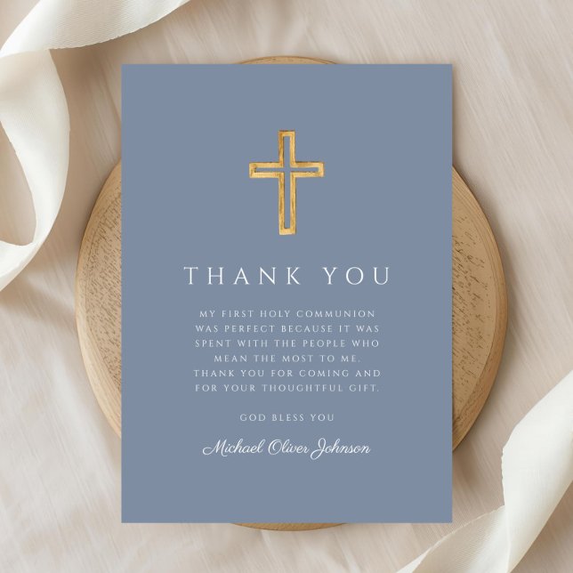 Cartão De Agradecimento Elegante Dusty Blue Religius Primeira Comunhão (Elegant Dusty Blue Religious Cross First Communion Thank You Card)