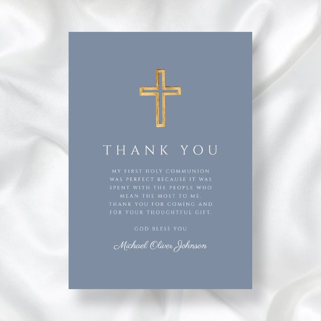 Cartão De Agradecimento Elegante Dusty Blue Religius Primeira Comunhão (Elegant Dusty Blue Religious Cross First Communion Thank You Card)
