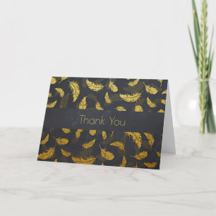 Cartão De Agradecimento Elegante e Chic Obrigado Pena Preta e Dourada