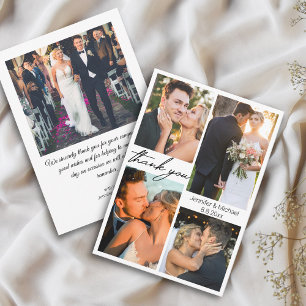 Cartão De Agradecimento elegante e simples colagem de casamento de 5 fotos