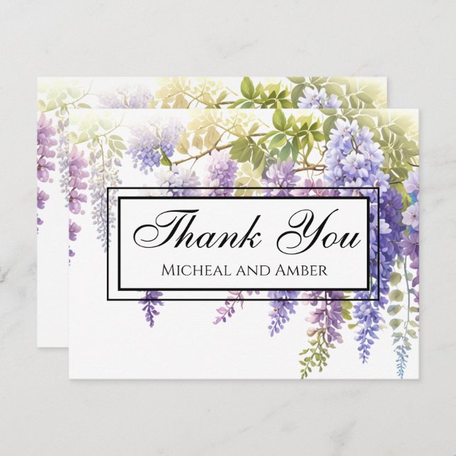 Cartão De Agradecimento Elegante e suave wisteria floral em aquarela roxa (Frente/Verso)