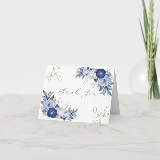 Cartão De Agradecimento Elegante É um Chá de fraldas Floral Branco Azul (Frente)