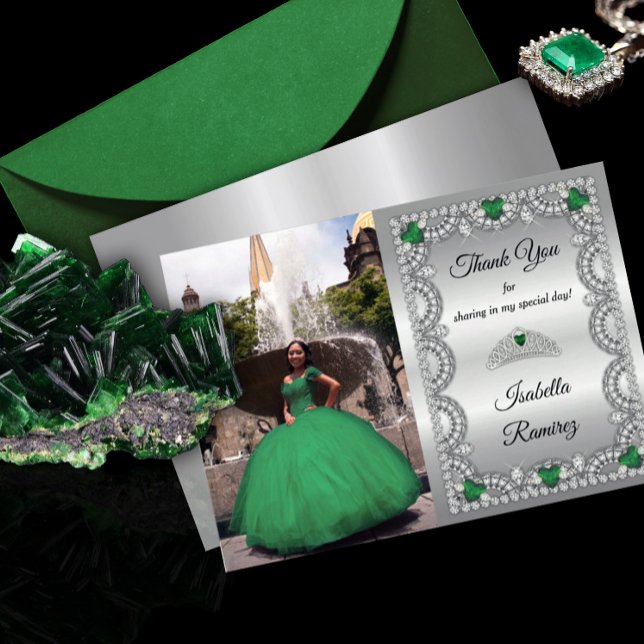 Cartão De Agradecimento Elegante Emerald Green | Diamond Crown Quinceañera (Criador carregado)