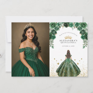 Cartão De Agradecimento Elegante Emerald Quinceañera Floral Faux Foil