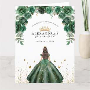 Cartão De Agradecimento Elegante Emerald Quinceañera Floral Faux Foil