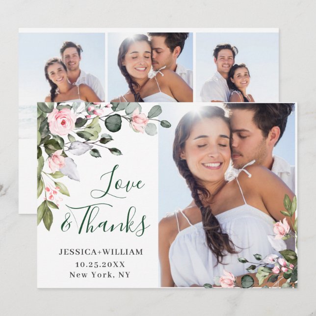 Cartão De Agradecimento Elegante Eucalyptus Blush Roses Rosa 4 FOTO (Frente/Verso)