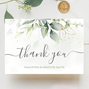 Cartão De Agradecimento Elegante Eucalyptus Deixa Casamento Dourado Verde