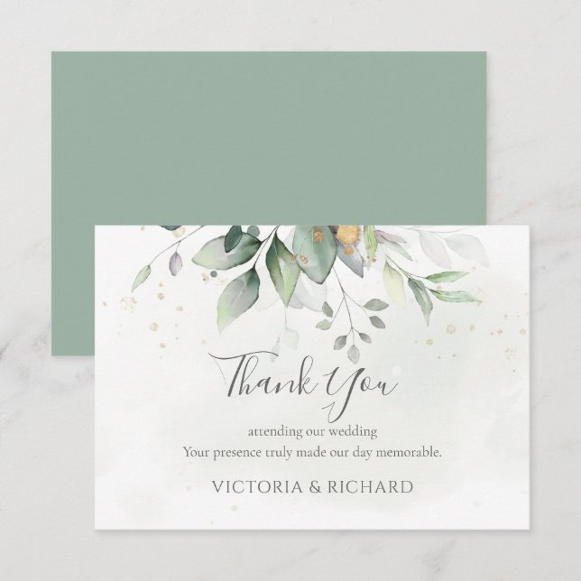 Cartão De Agradecimento Elegante Eucalyptus Deixa Casamento Dourado Verde (Frente/Verso)