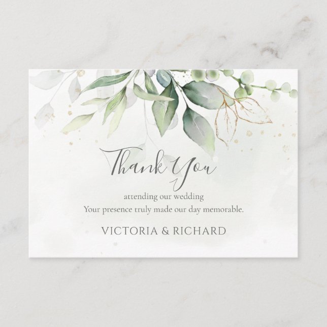 Cartão De Agradecimento Elegante Eucalyptus Deixa Casamento Dourado Verde (Frente)