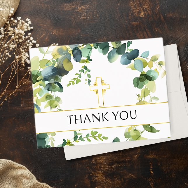 Cartão De Agradecimento Elegante Eucalyptus Dourado Cross Memorial Obrigad (Elegant Eucalyptus Gold Cross Memorial Thank You Cards)