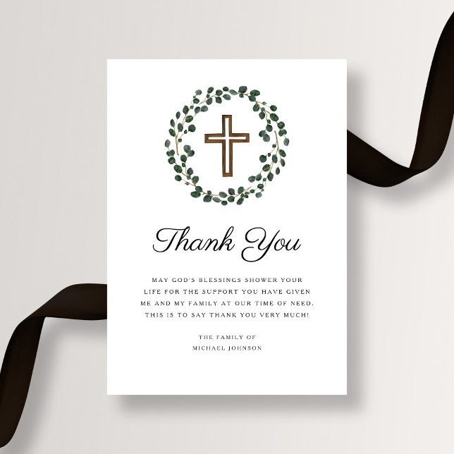Cartão De Agradecimento Elegante Eucalyptus Religioso Funeral Cruzado (Elegant Eucalyptus Religious Cross Funeral Thank You Card)