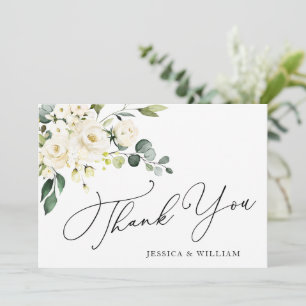 Cartão De Agradecimento Elegante Eucalyptus White Roses Floral