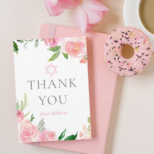 Cartão De Agradecimento Elegante Festa de Bat Mitzvah Personalizada com Fl