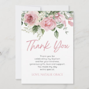 Cartão De Agradecimento Elegante Flor de Rosa Flores Folhas Verdes Batismo