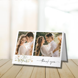 Cartão De Agradecimento Elegante Flor Silvestre Duas Fotos Casamento Obrig