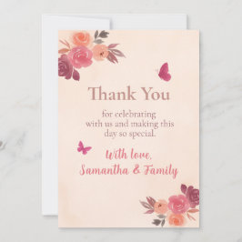 Cartão De Agradecimento Elegante Floral Água-tinta Rosa para 1º Aniversári