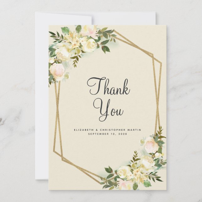 Cartão De Agradecimento Elegante Floral Casamento Dourado Moldura Rosa Aqu (Frente)