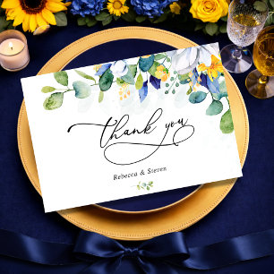 Cartão De Agradecimento Elegante floral casamento em aquarela amarela e az