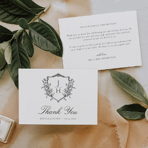 Cartão De Agradecimento Elegante Floral Crest Monograma Casamento Regência