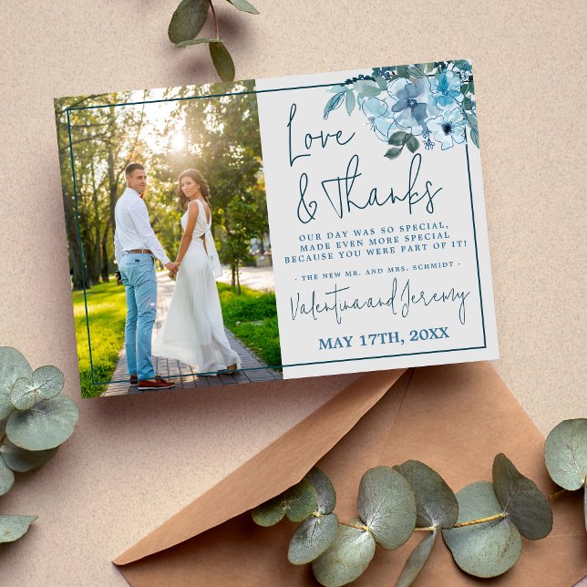 Cartão De Agradecimento Elegante Floral Dusty Blue Teal Obrigado (Criador carregado)