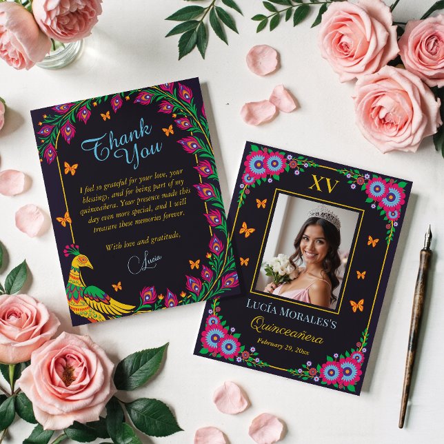 Cartão De Agradecimento Elegante Floral Peacock Folk Art Fiesta Quinceaner (Criador carregado)