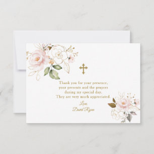 Cartão De Agradecimento Elegante Floral Rosa em Aquarela Dourada Batismo