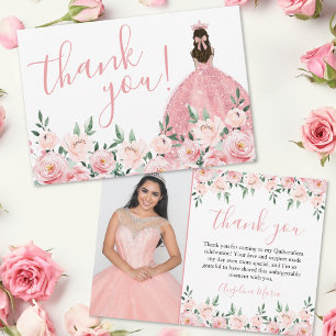Cartão De Agradecimento Elegante Floral Rosa Quinceañera Foto