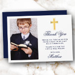 Cartão De Agradecimento Elegante Foto da Primeira Comunhão Dourada Azul<br><div class="desc">O Elegante Cartões de agradecimentos da Primeira Comunhão com Cruz Dourada. Frente fotográfica. Script Azul do marinho.</div>