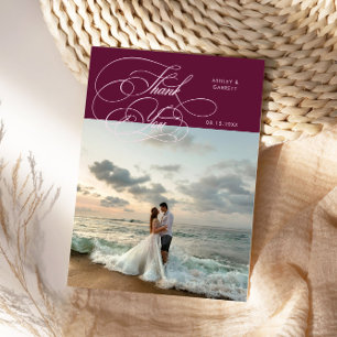 Cartão De Agradecimento Elegante Foto de Casamento em Cranberry Script