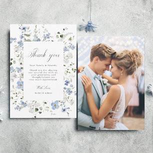 Cartão De Agradecimento Elegante Foto de Casamento Floral Azul Branco Verd