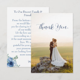 Cartão De Agradecimento Elegante Foto de Casamento Floral em Azul Empoeira