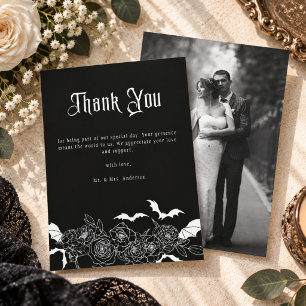 Cartão De Agradecimento Elegante Foto de Casamento Floral Gótico Preto
