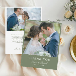 Cartão De Agradecimento Elegante Foto de Casamento Obrigado em Verde Sage